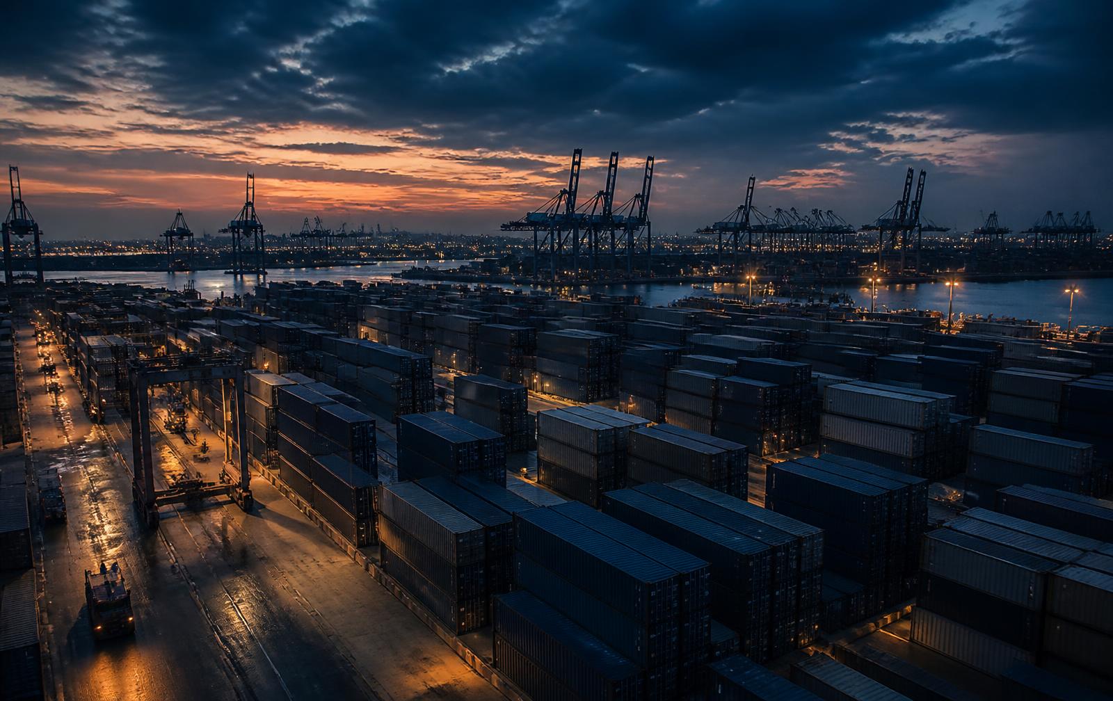 Connected logistics network over a city skyline at dusk