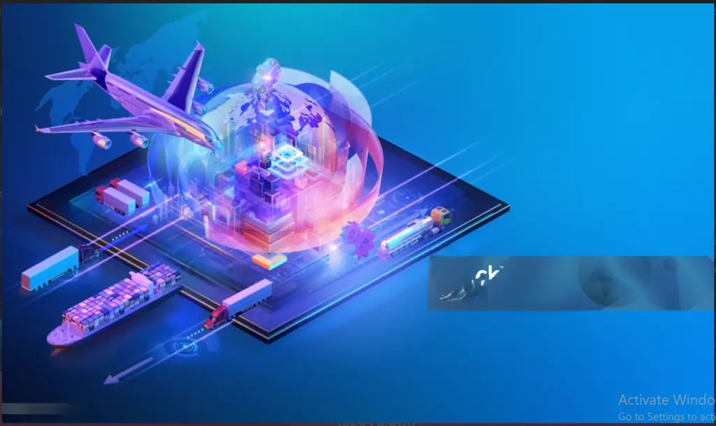 Isometric illustration of a global logistics network with cargo plane, container vessel and delivery trucks