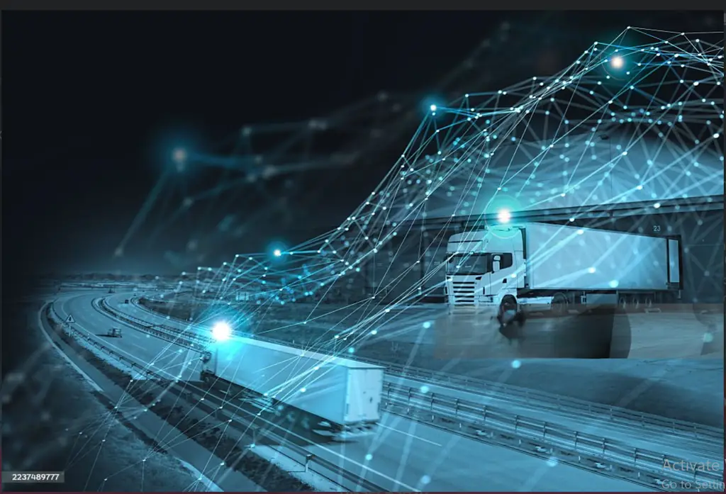 Freight trucks travelling a highway at dusk with a digital route-tracking overlay